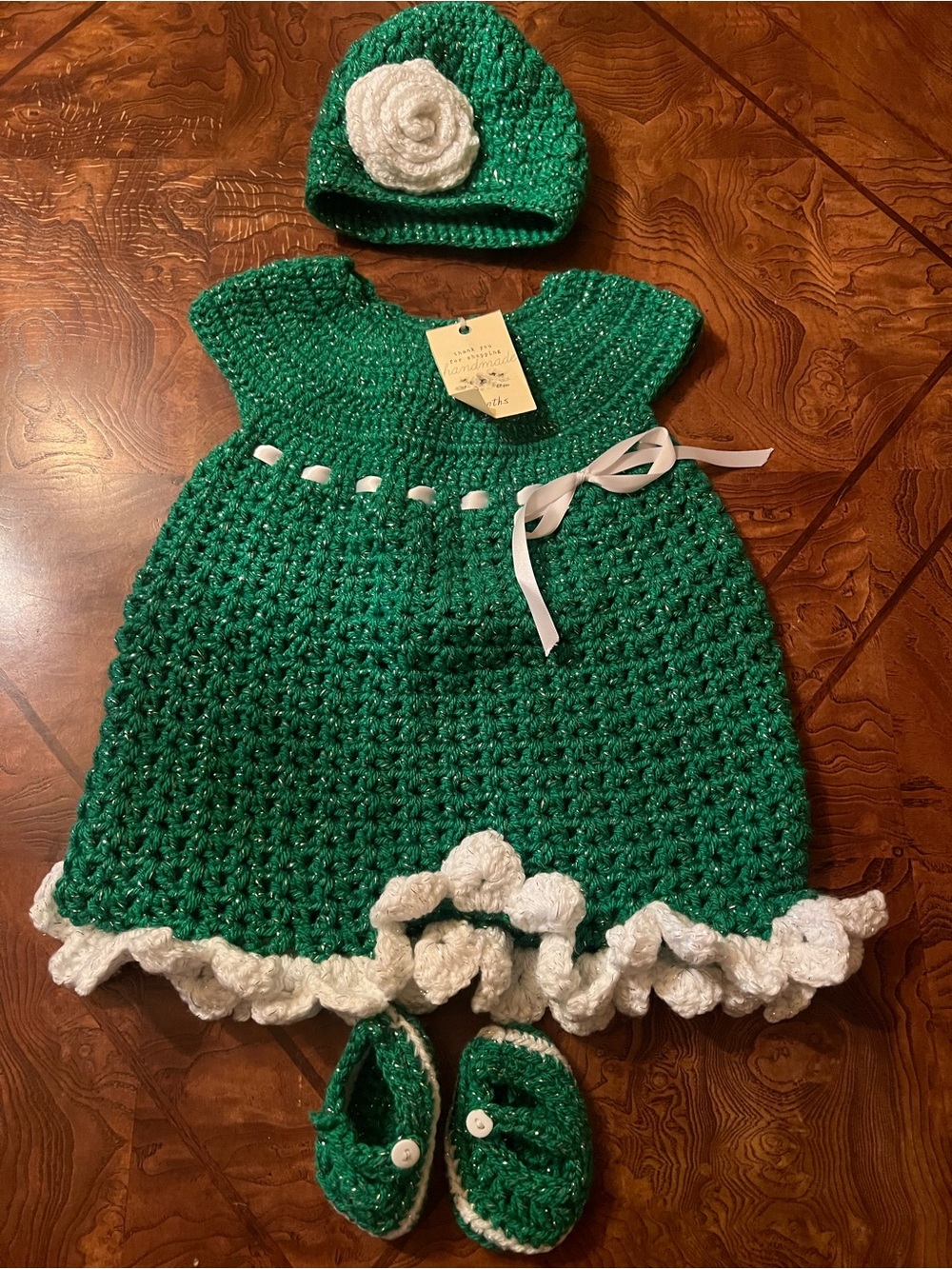 Handmade Green Crochet Baby Dress Set with White Trim